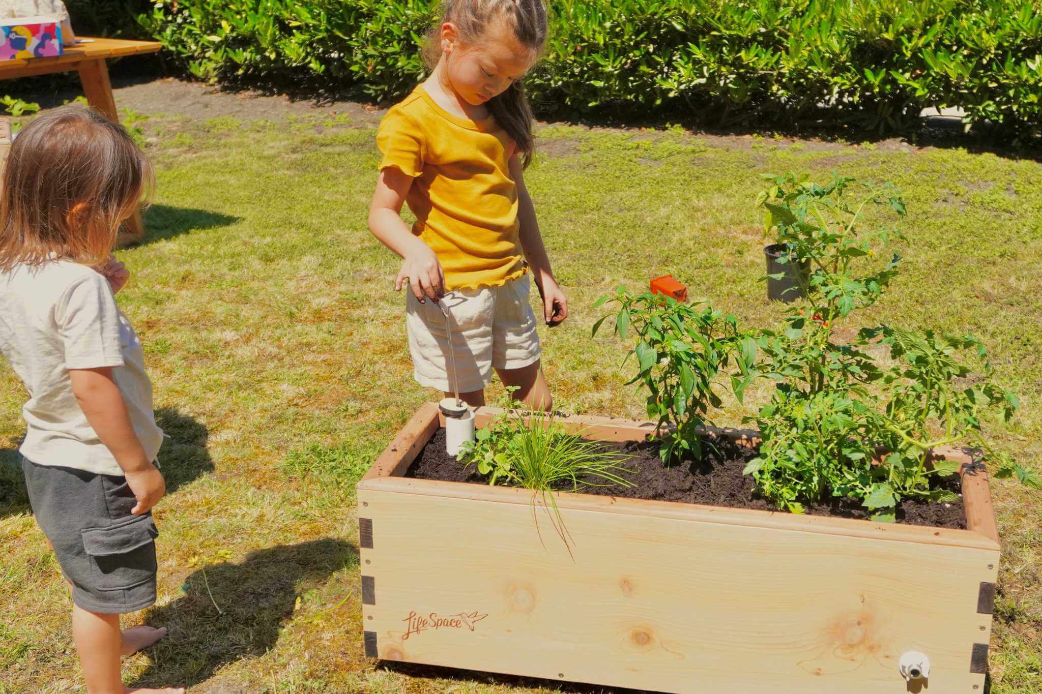 Two children observe the water spout in a Natural Pod LifeSpace LowRider with wheels.
