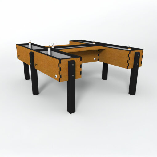 Natural Pod LifeSpace Harmony Garden Table in a light Coastal Finish, featuring black metal corner accents and caster wheels for mobility, shown empty on a white background.