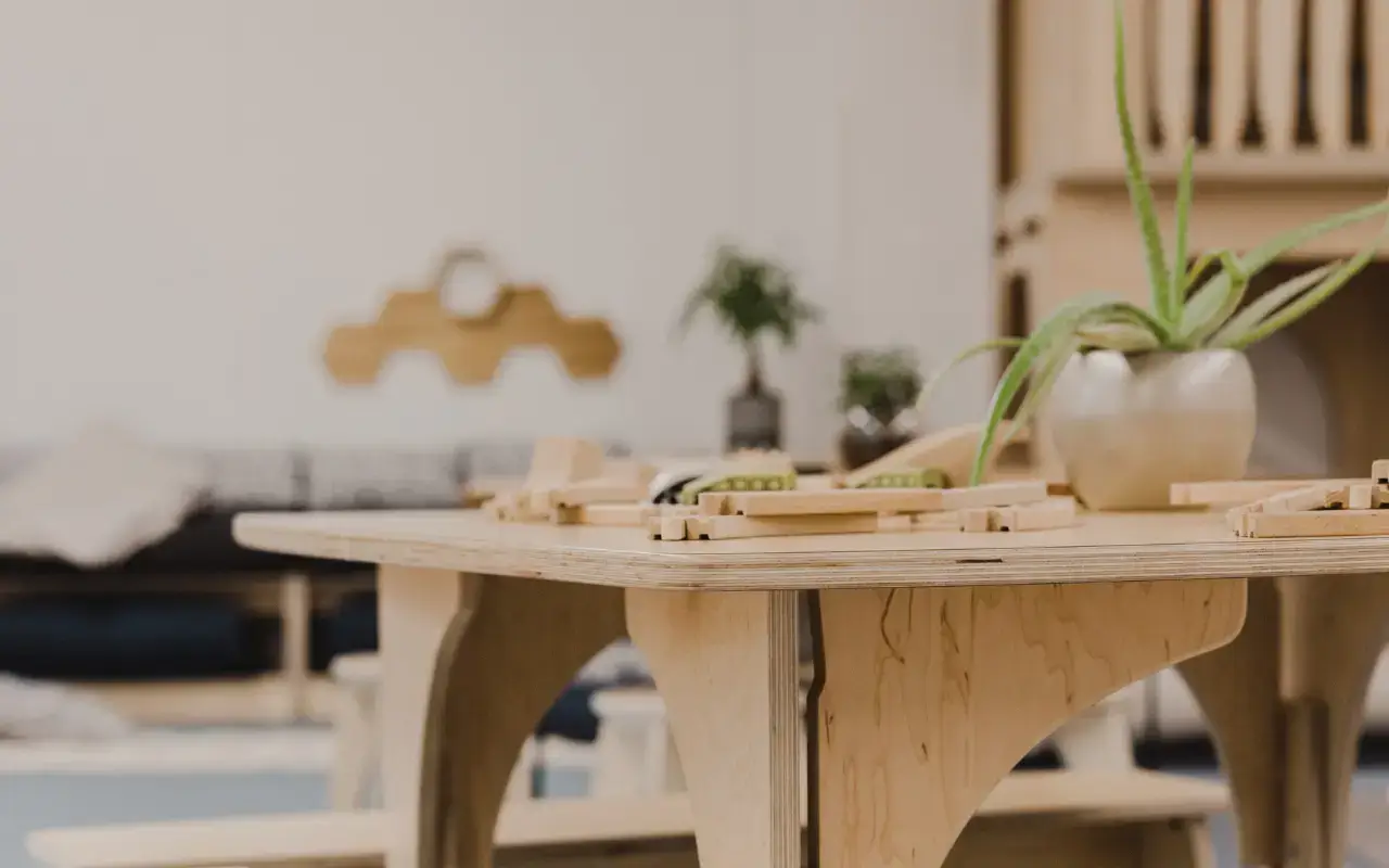 A close-up of a Natural Pod Reach Table with a potted plant and wooden blocks.