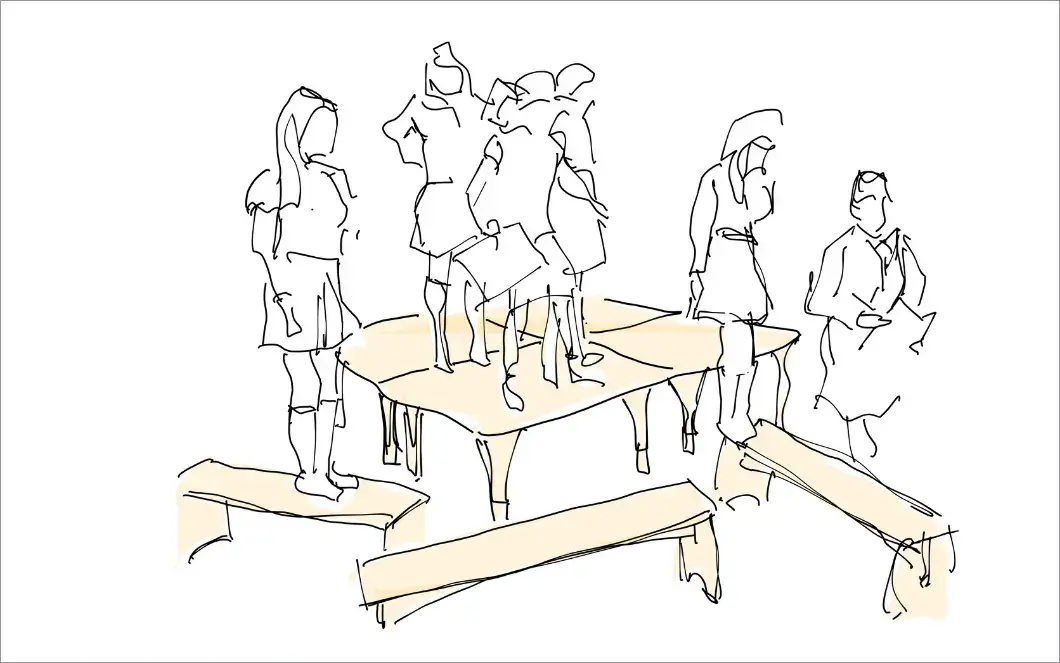 A line drawing illustration showing children standing on Natural Pod Reach Tables.