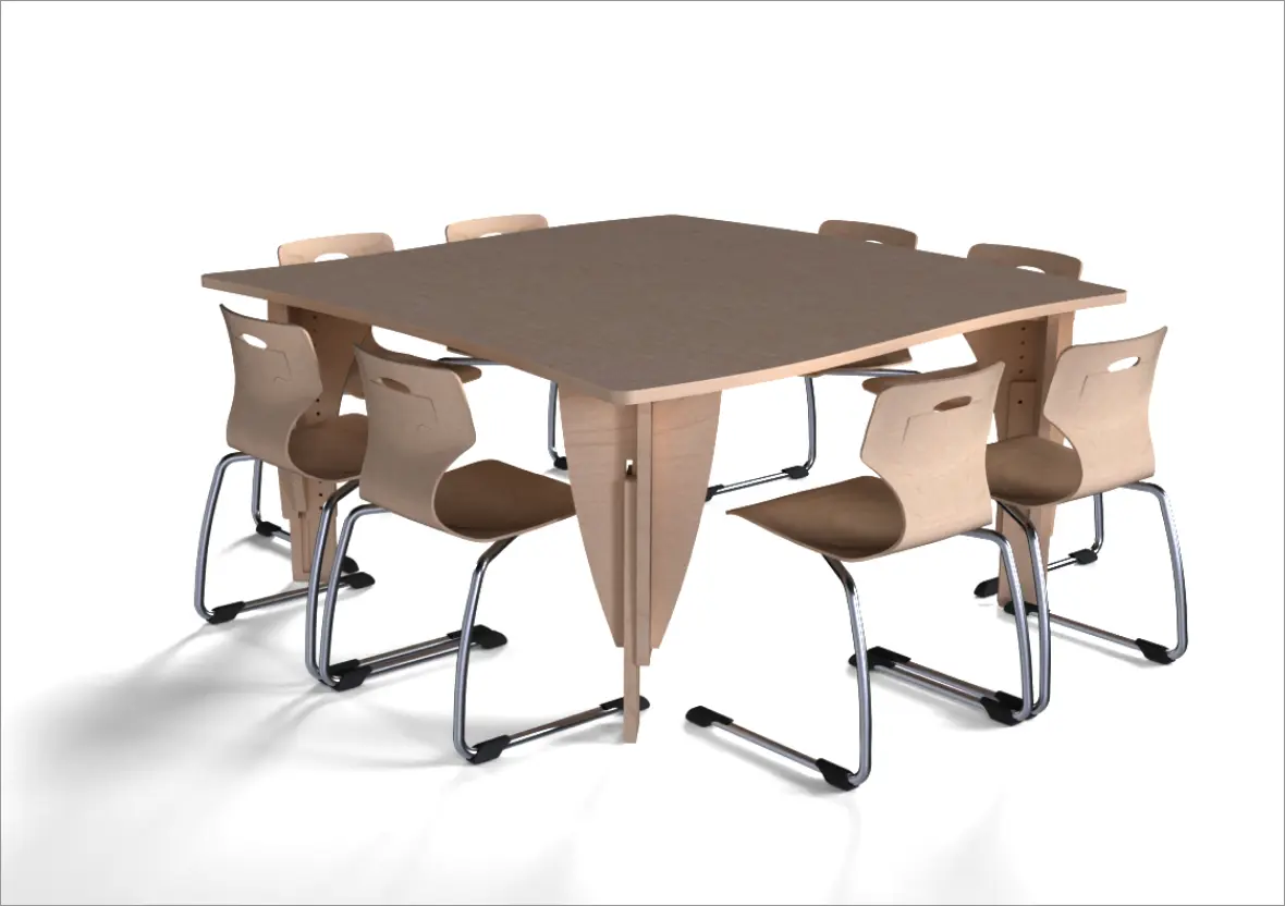 A rendering of the Sprig Table with 8 chairs underneath